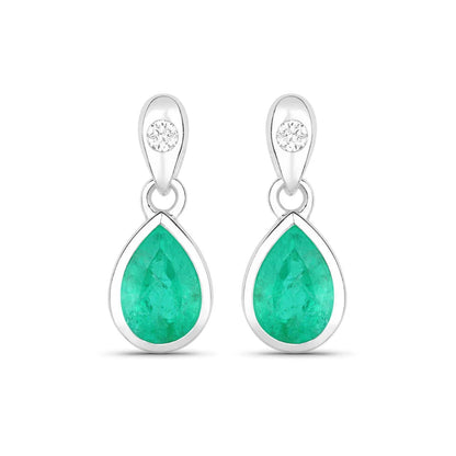 1.30 Ct Pear Green Zambian Emerald & Diamond Bezel 10K Gold Dangle Earrings