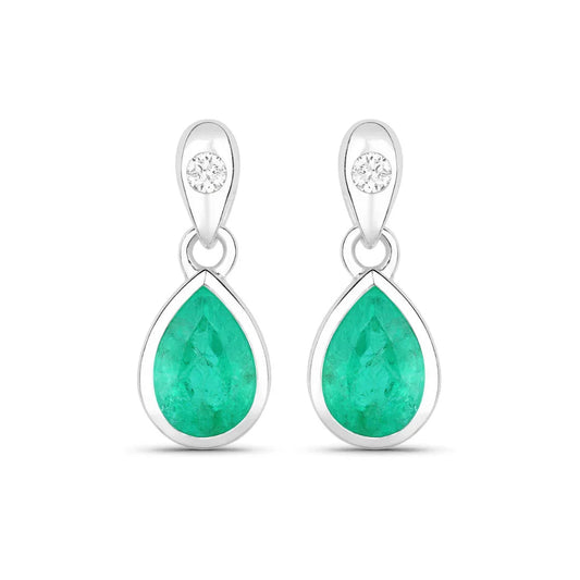 1.30 Ct Pear Green Zambian Emerald & Diamond Bezel 10K Gold Dangle Earrings