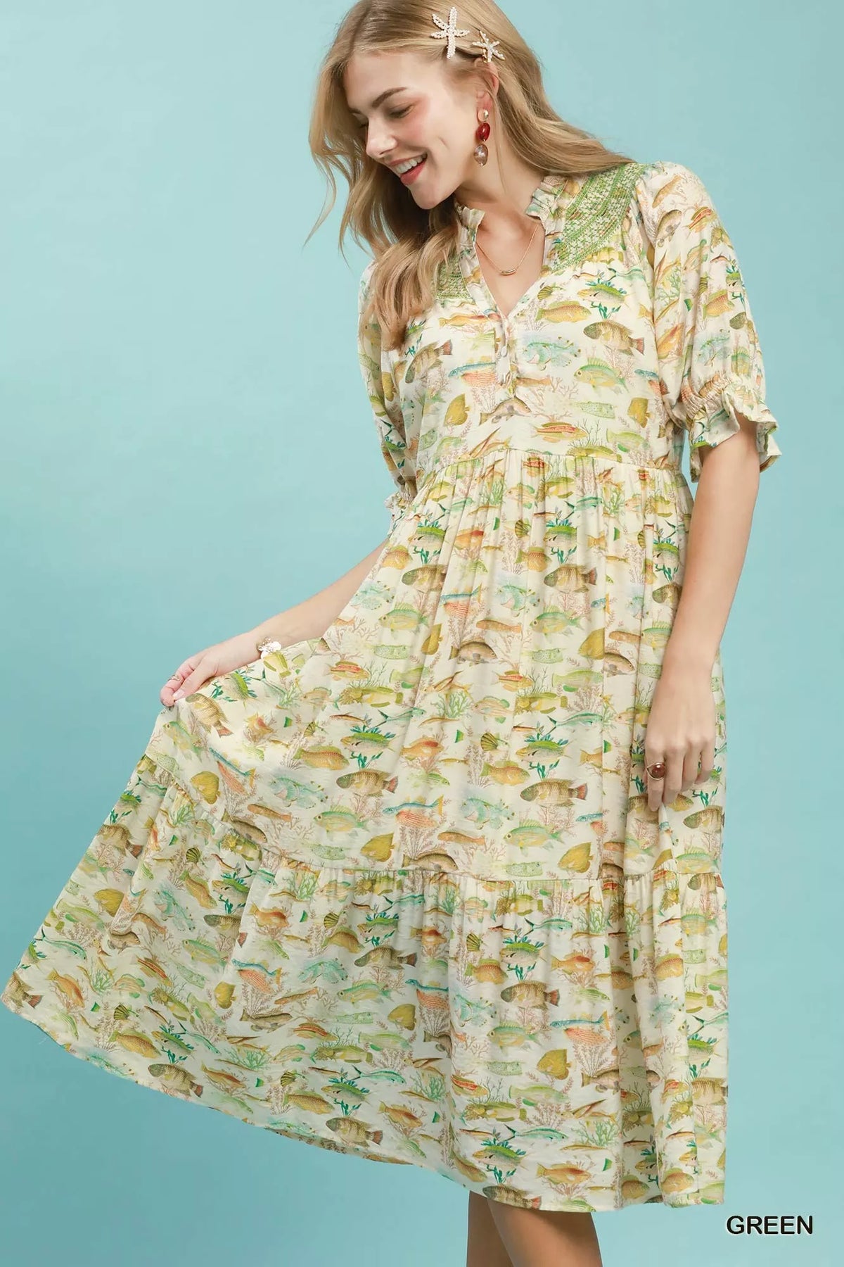 umgee green dress Print Tiered Midi in Green / M Color:NO 1 Mother's Day 2026 Luuvis Women Cute Yellow Midi length