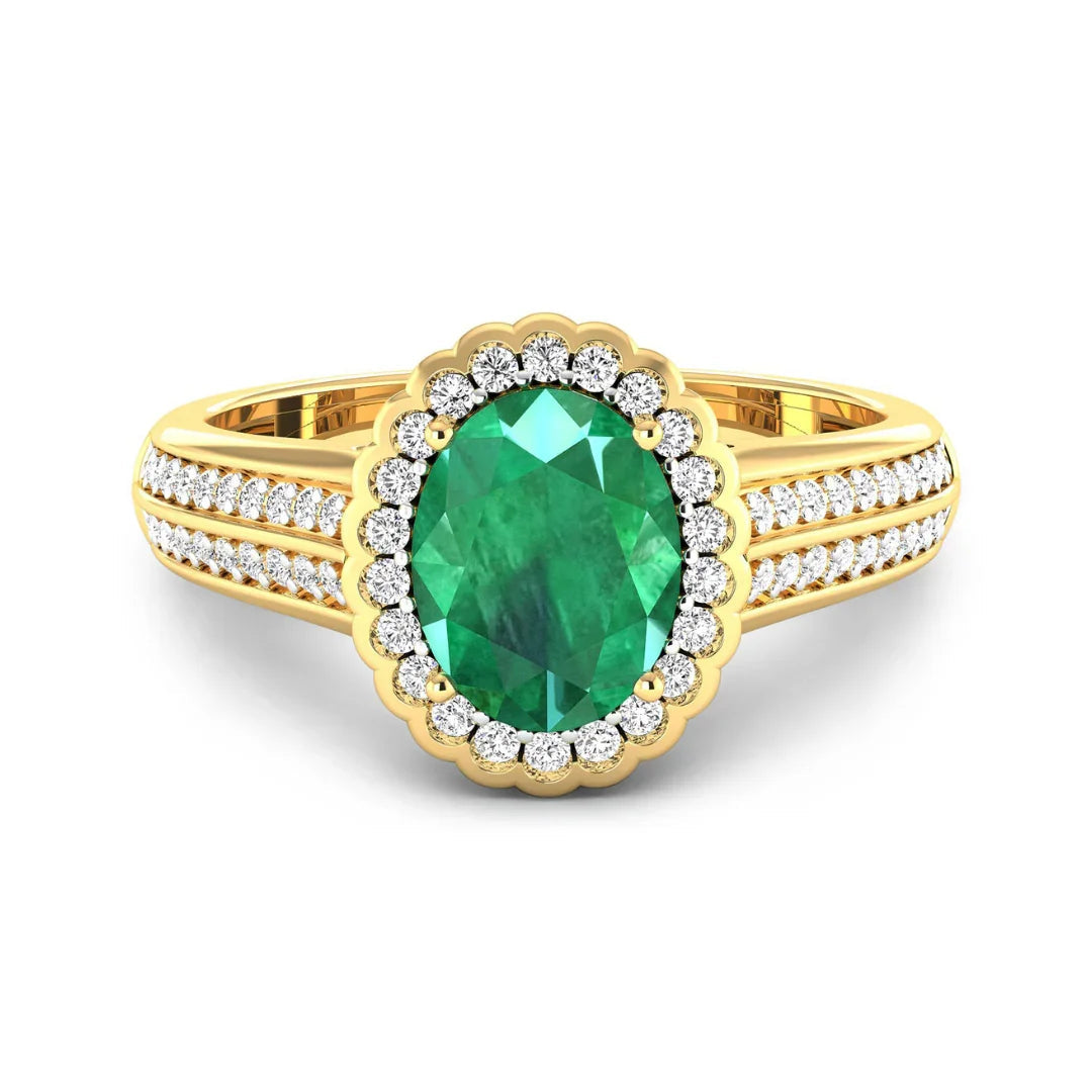 1.95 Ct Oval Green Zambian Emerald and White Diamond Prong 14k Gold Halo Pave Bridge Ring