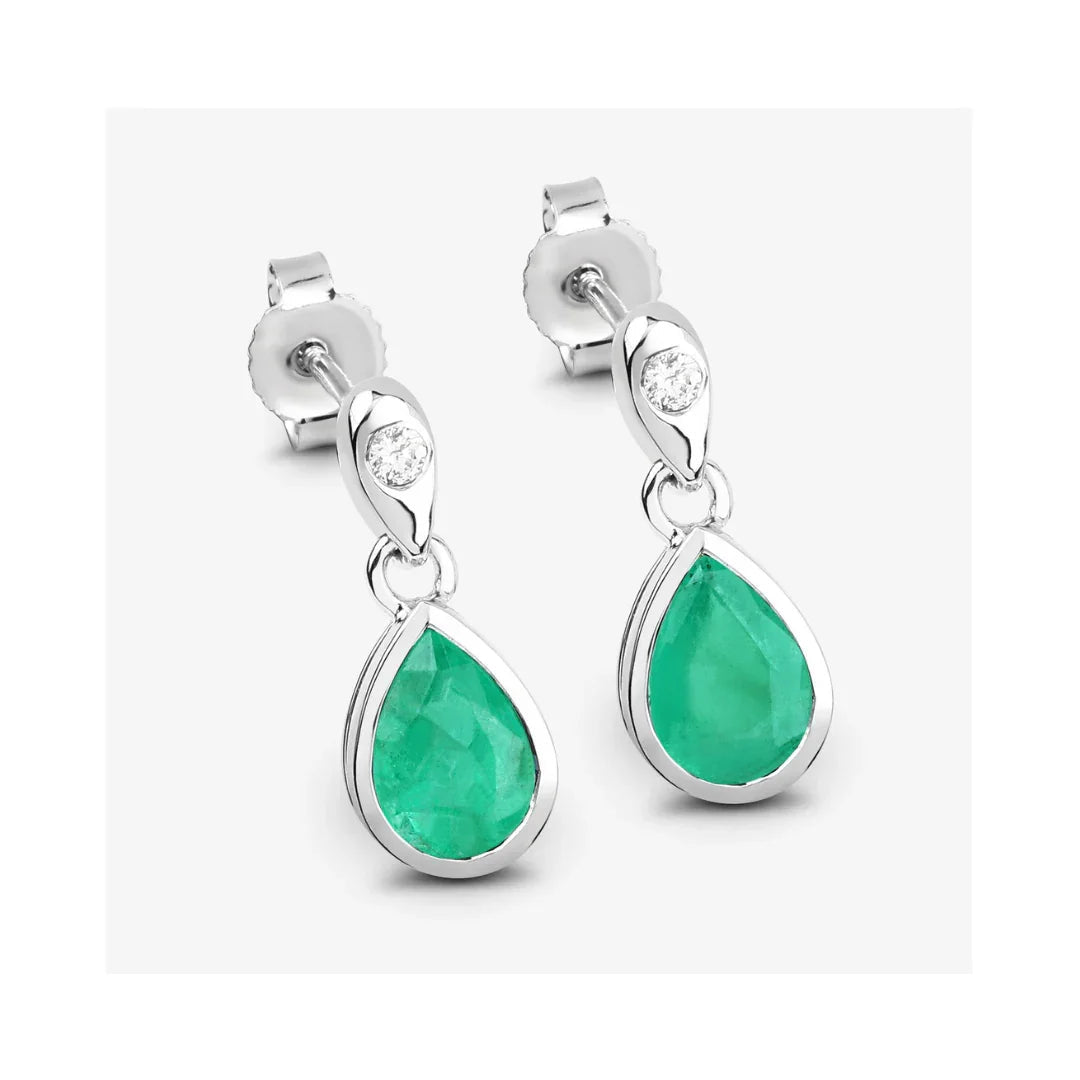 1.30 Ct Pear Green Zambian Emerald & Diamond Bezel 10K Gold Dangle Earrings