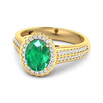 1.95 Ct Oval Green Zambian Emerald and White Diamond Prong 14k Gold Halo Pave Bridge Ring