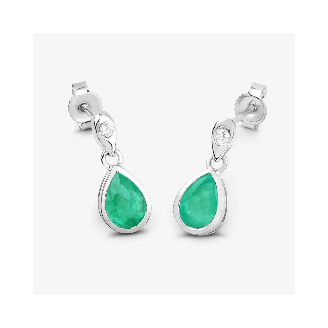 1.30 Ct Pear Green Zambian Emerald & Diamond Bezel 10K Gold Dangle Earrings