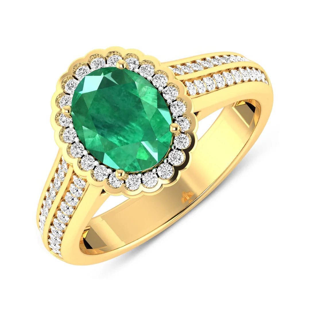 1.95 Ct Oval Green Zambian Emerald and White Diamond Prong 14k Gold Halo Pave Bridge Ring