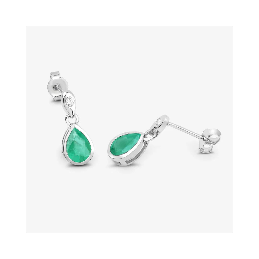 1.30 Ct Pear Green Zambian Emerald & Diamond Bezel 10K Gold Dangle Earrings