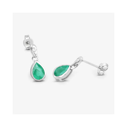 1.30 Ct Pear Green Zambian Emerald & Diamond Bezel 10K Gold Dangle Earrings
