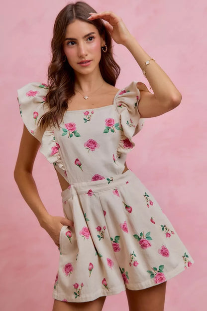SO ME Floral Print Denim Cut Out Waist Ruffled Romper