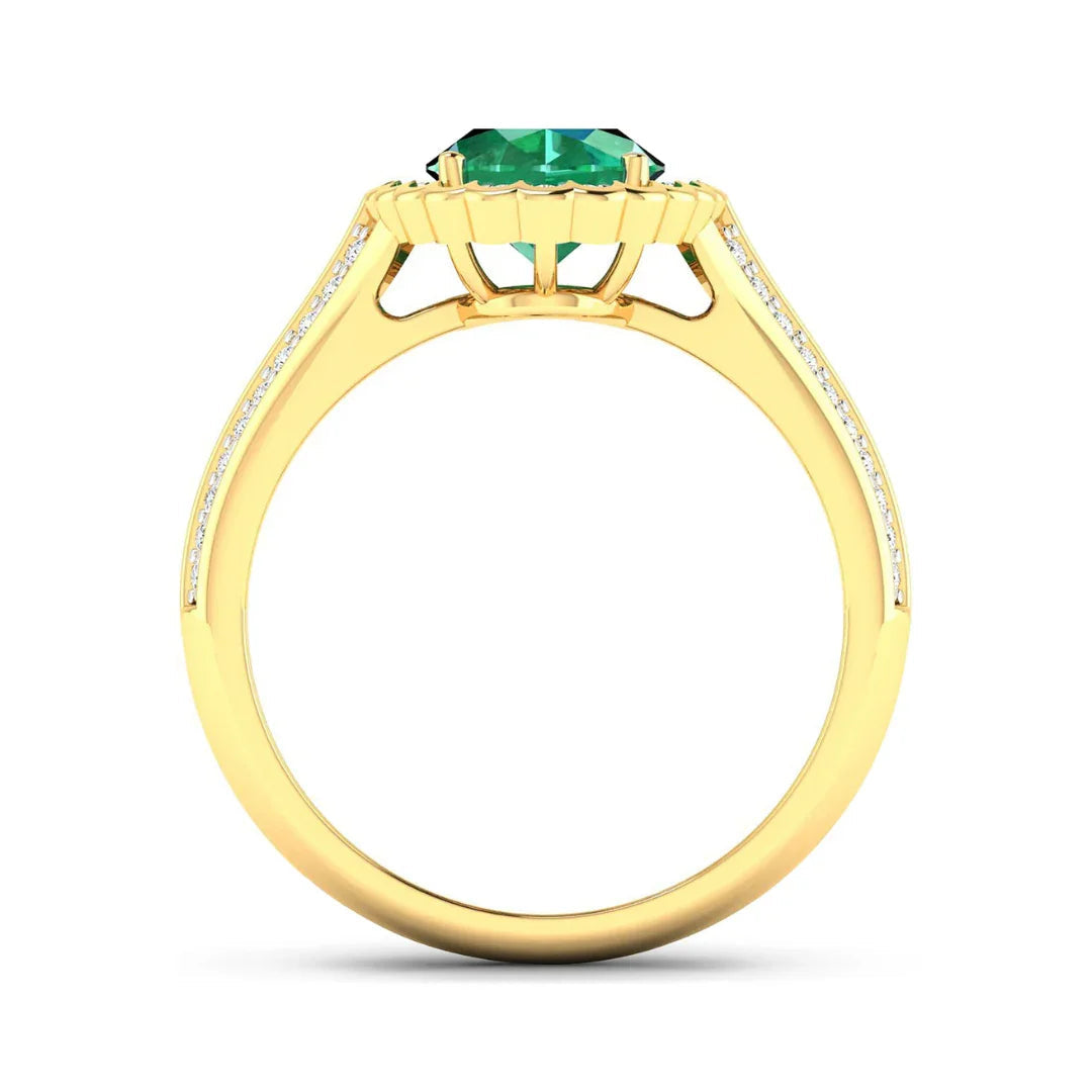 1.95 Ct Oval Green Zambian Emerald and White Diamond Prong 14k Gold Halo Pave Bridge Ring