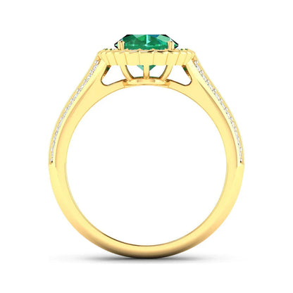 1.95 Ct Oval Green Zambian Emerald and White Diamond Prong 14k Gold Halo Pave Bridge Ring