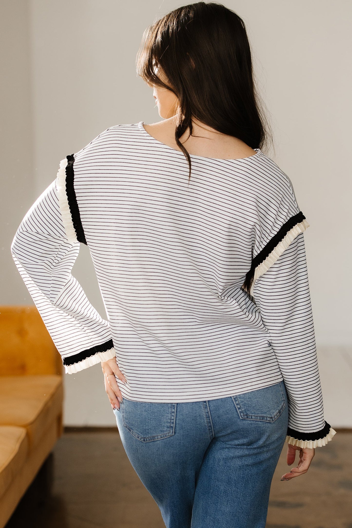 Threaded Pear Anya Ruffle Trim Loose Long Sleeve Top