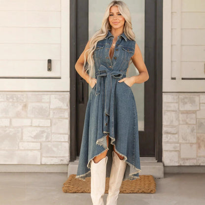 Women's Sleeveless Denim Midi Dress – Irregular Hem Button-Front