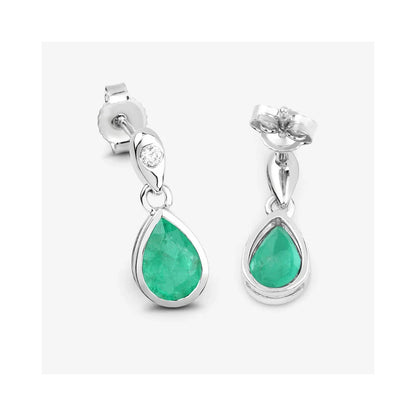 1.30 Ct Pear Green Zambian Emerald & Diamond Bezel 10K Gold Dangle Earrings