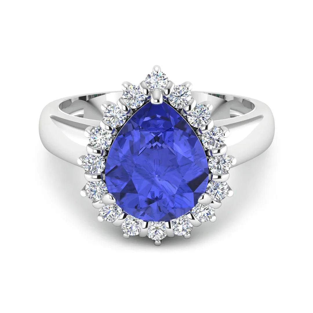 3.45 Ct Pear Violet Tanzanite and White Diamond Prong 14k Gold Halo Bridge Ring