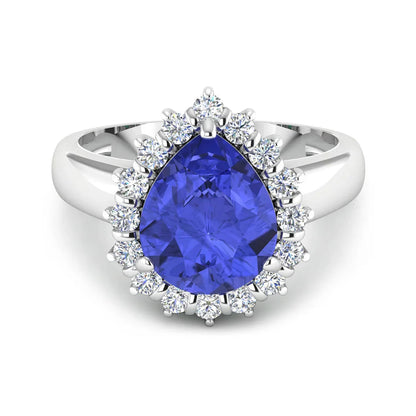 3.45 Ct Pear Violet Tanzanite and White Diamond Prong 14k Gold Halo Bridge Ring