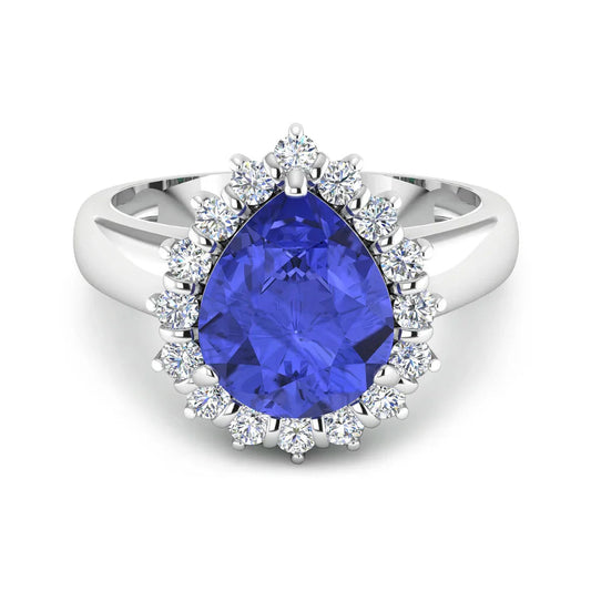 3.45 Ct Pear Violet Tanzanite and White Diamond Prong 14k Gold Halo Bridge Ring