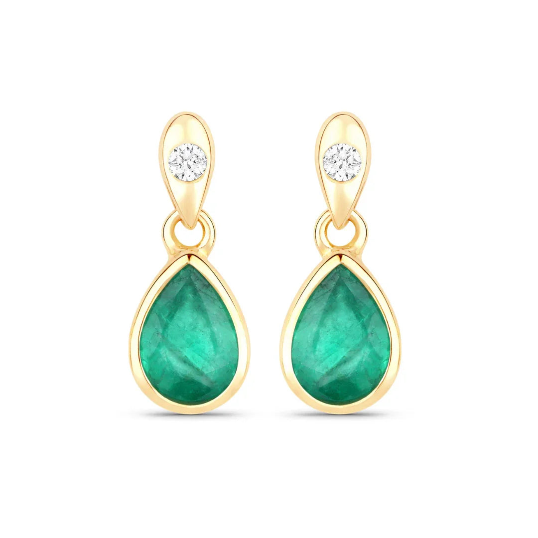 1.30 Ct Pear Green Zambian Emerald & Diamond Bezel 10K Gold Dangle Earrings