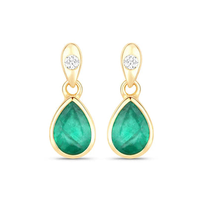 1.30 Ct Pear Green Zambian Emerald & Diamond Bezel 10K Gold Dangle Earrings