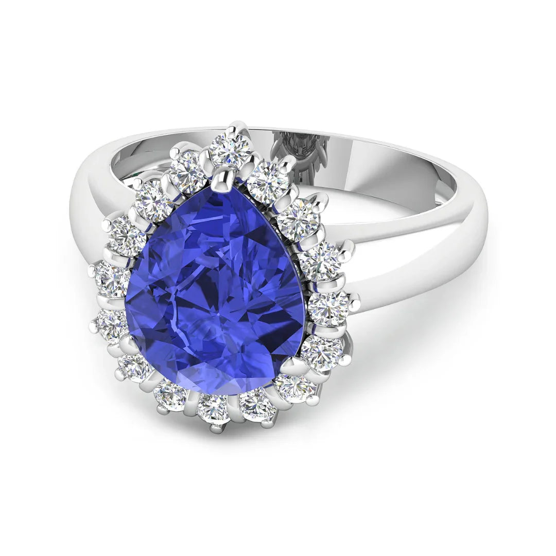 3.45 Ct Pear Violet Tanzanite and White Diamond Prong 14k Gold Halo Bridge Ring