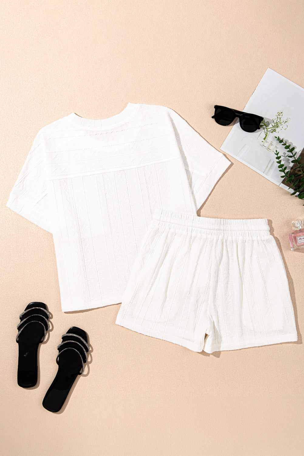 Threaded Pear Rylie Textured Patched Pocket Drawstring Shorts Set