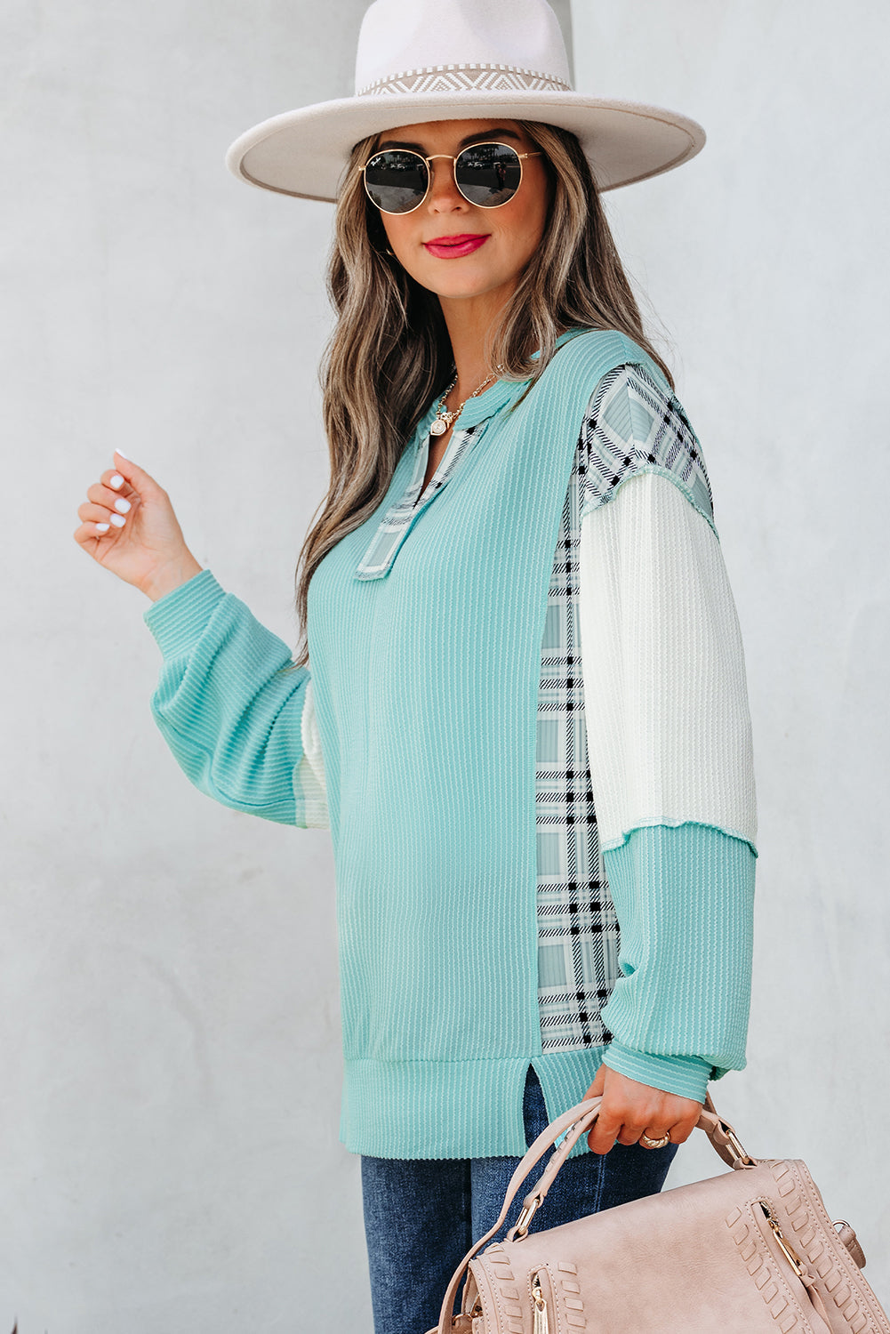 Threaded Pear Maddie Texture Colorblock Patchwork Long Sleeve PLUS Top