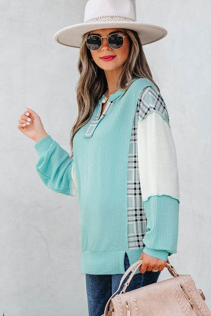 Threaded Pear Maddie Texture Colorblock Patchwork Long Sleeve PLUS Top
