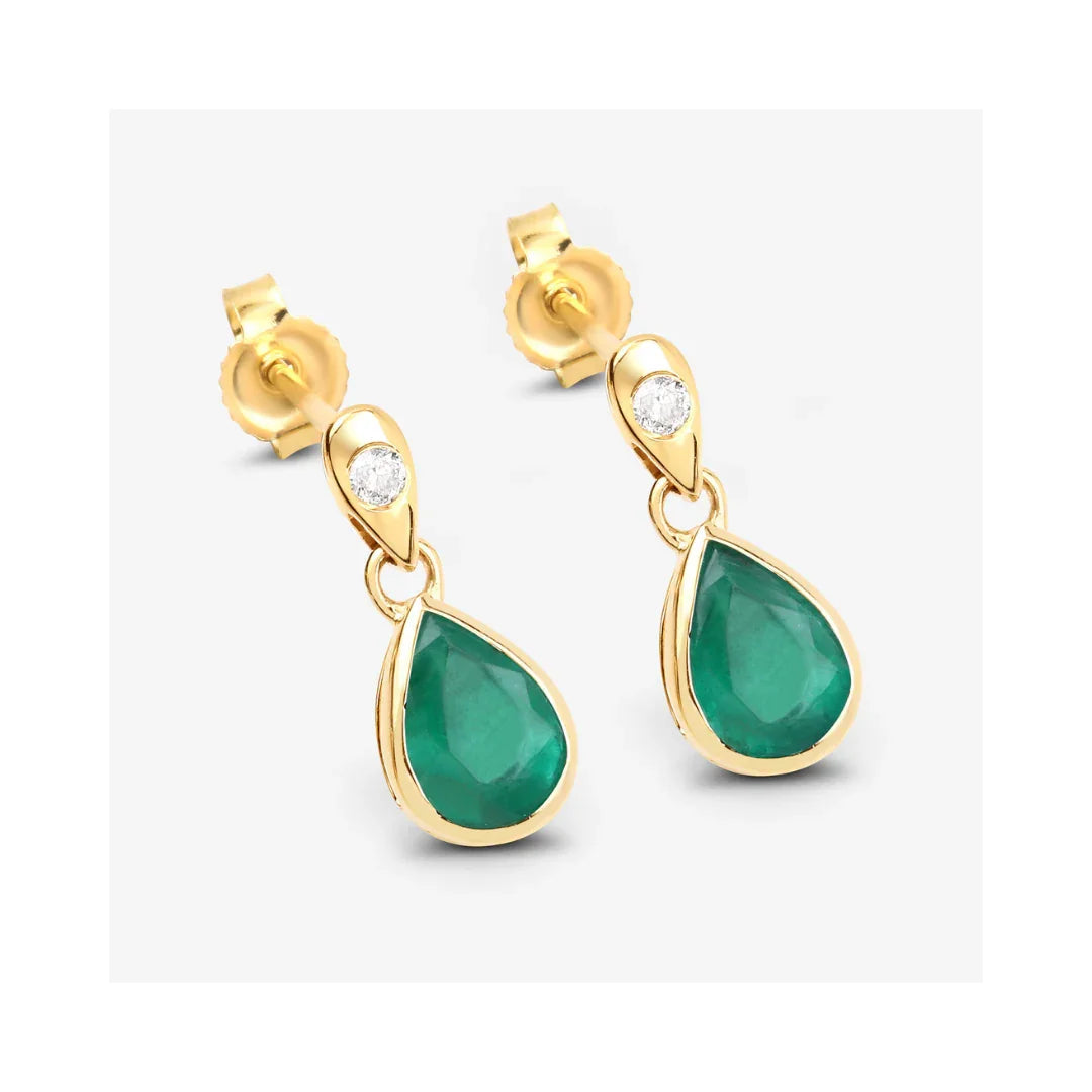 1.30 Ct Pear Green Zambian Emerald & Diamond Bezel 10K Gold Dangle Earrings