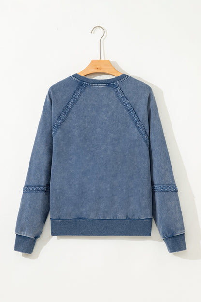 Red Dahlia Lace Patchwork Detail Notched Neck Mineral Wash Baggy Sweatshirt