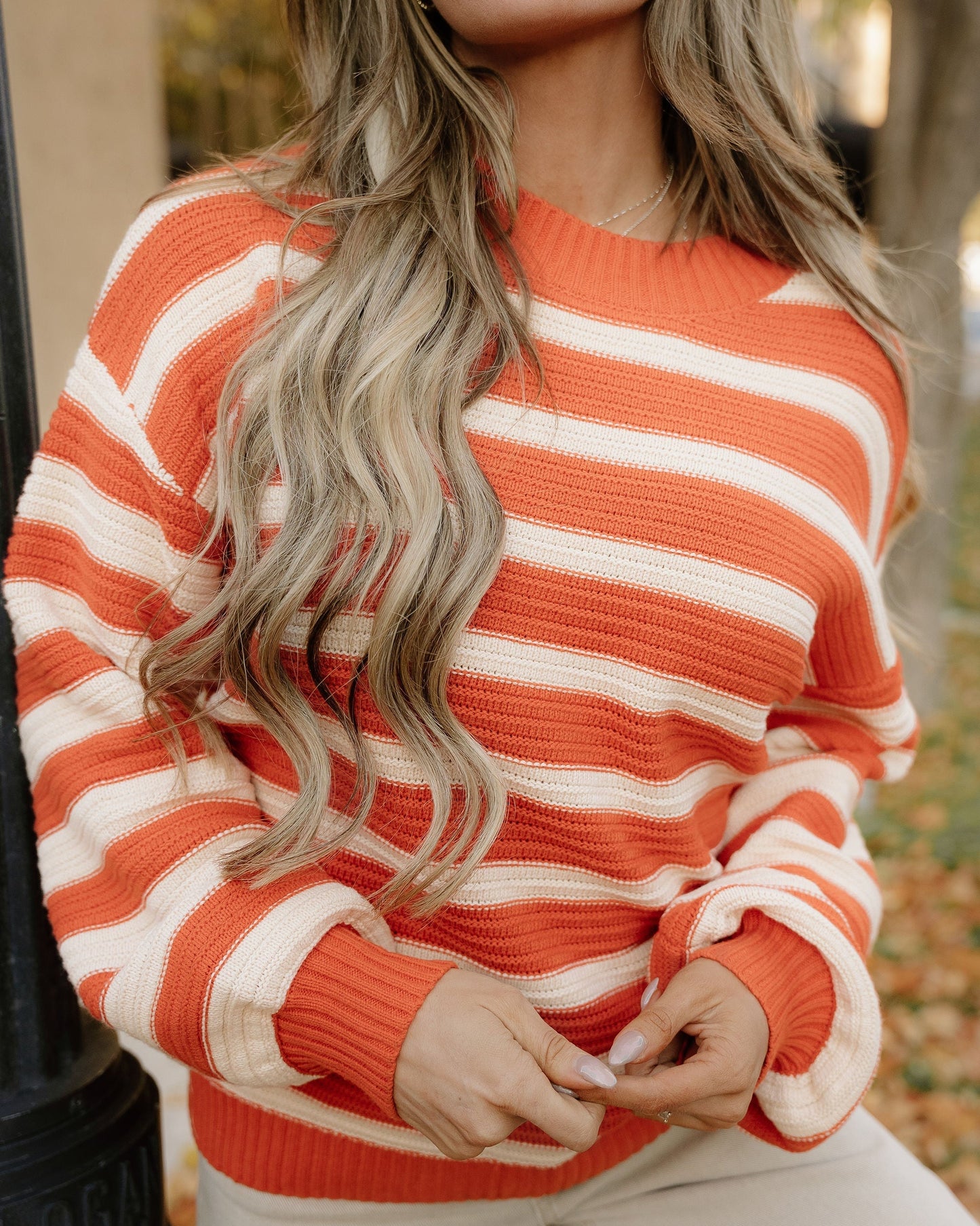 Avery Striped Ribbed Trim Drop Shoulder Sweater