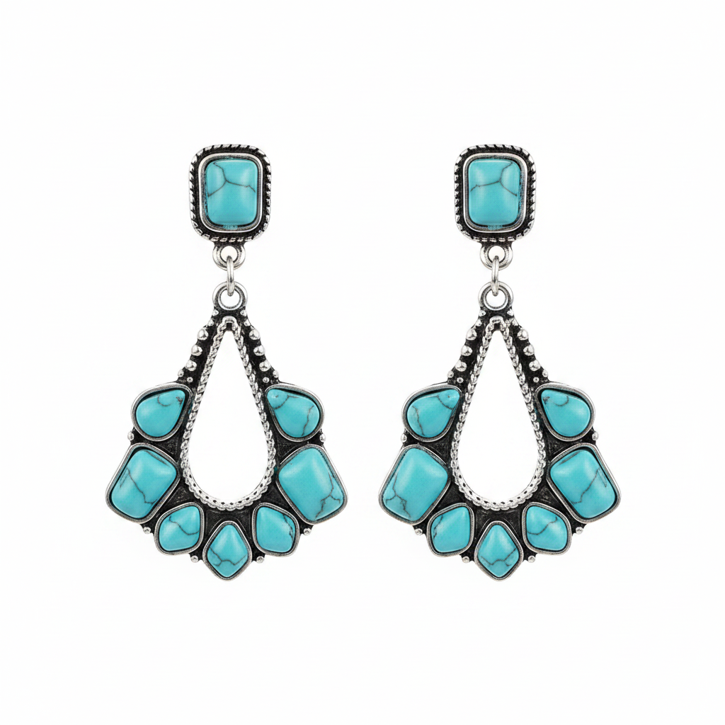 Marbled Turquoise & Silvertone Chandelier Drop Earrings