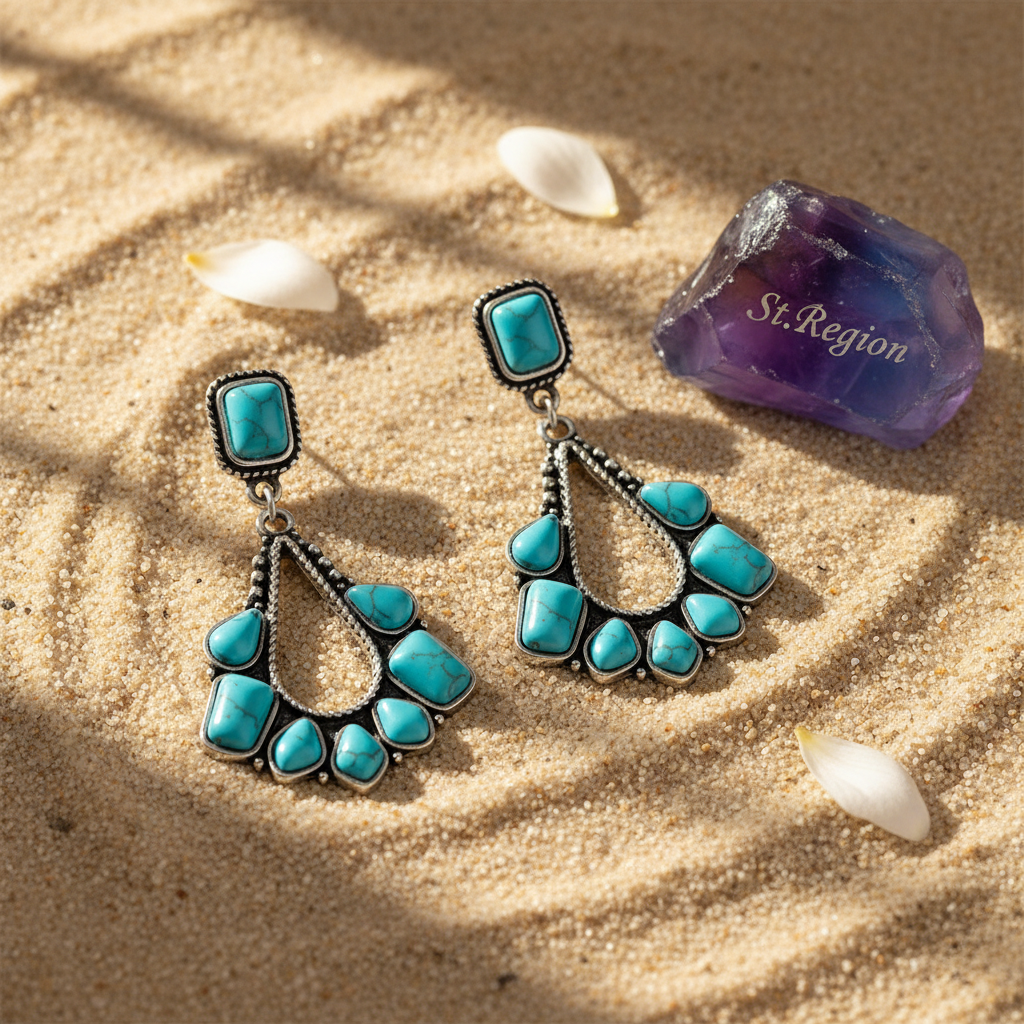 Marbled Turquoise & Silvertone Chandelier Drop Earrings