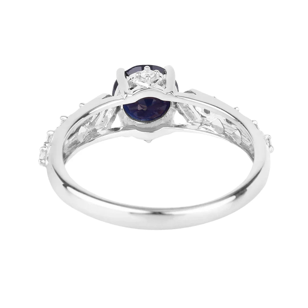 1.03 Ct Round Blue Sapphire & Diamond Prong 10k Gold Bridge Engagement Ring