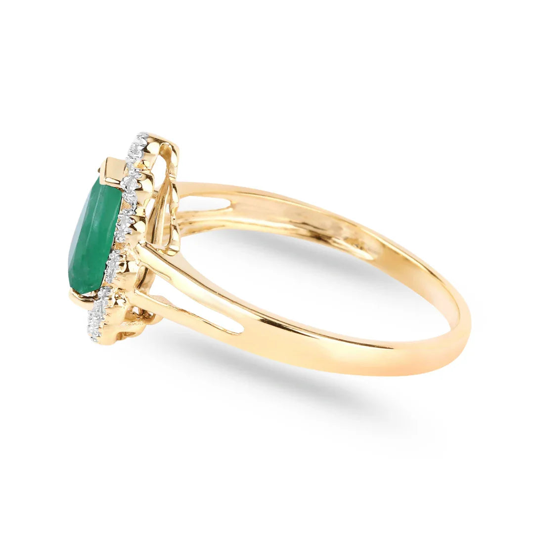 1.10 Ct Pear Green Zambian Emerald Diamond V-Prong 10k Gold Halo Statement Ring