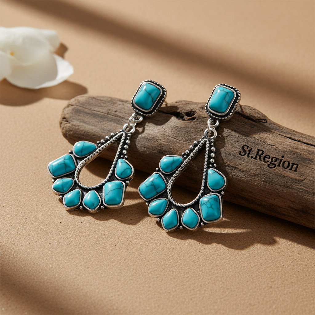 Marbled Turquoise & Silvertone Chandelier Drop Earrings