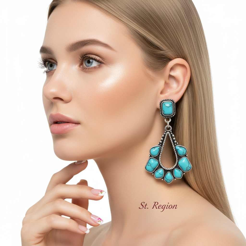 Marbled Turquoise & Silvertone Chandelier Drop Earrings