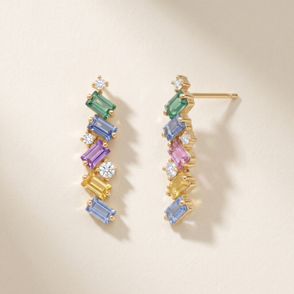 IGI Certified 0.96 Ct Multi Color Unheated Sapphire and Diamond 14K Gold Zigzag Drop Earrings