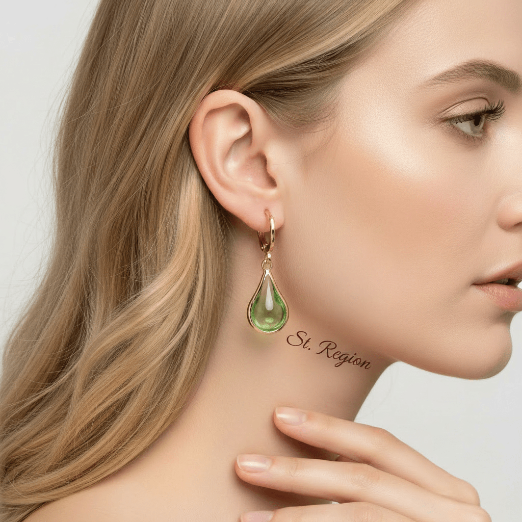 Green Glass & Goldtone Drop Shape Huggie Earrings