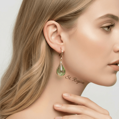 Green Glass & Goldtone Drop Shape Huggie Earrings