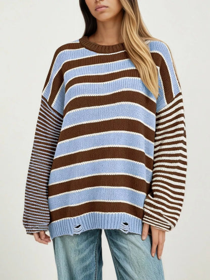 Oversized Striped Distressed Sweater
