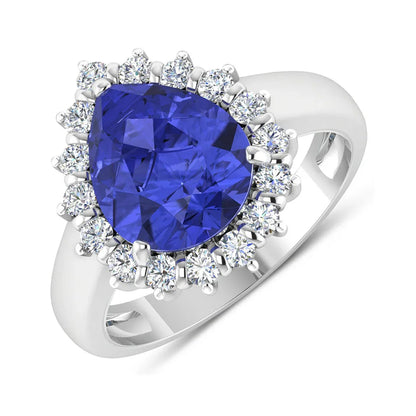 3.45 Ct Pear Violet Tanzanite and White Diamond Prong 14k Gold Halo Bridge Ring