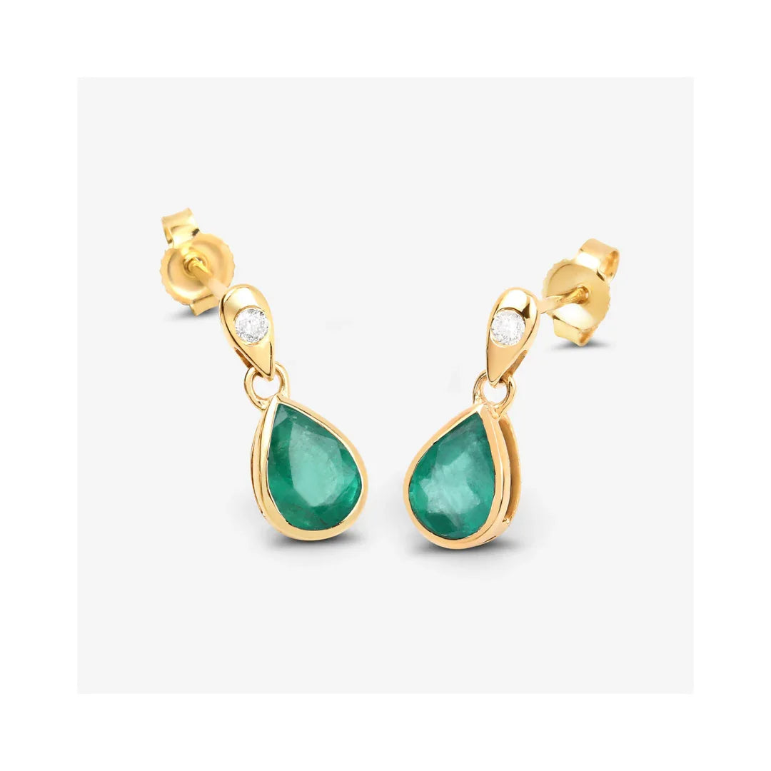 1.30 Ct Pear Green Zambian Emerald & Diamond Bezel 10K Gold Dangle Earrings