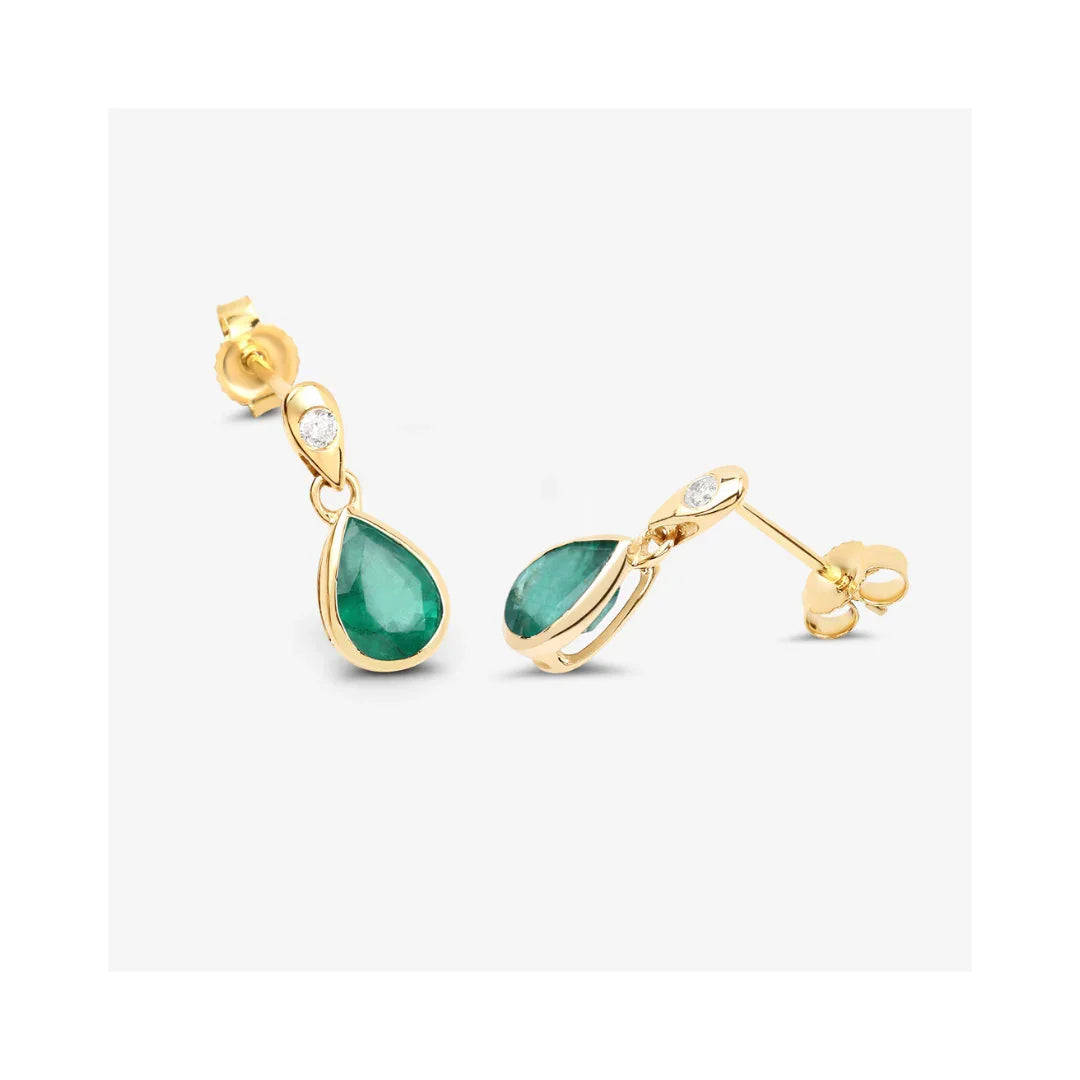 1.30 Ct Pear Green Zambian Emerald & Diamond Bezel 10K Gold Dangle Earrings