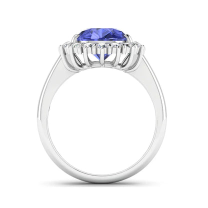 3.45 Ct Pear Violet Tanzanite and White Diamond Prong 14k Gold Halo Bridge Ring