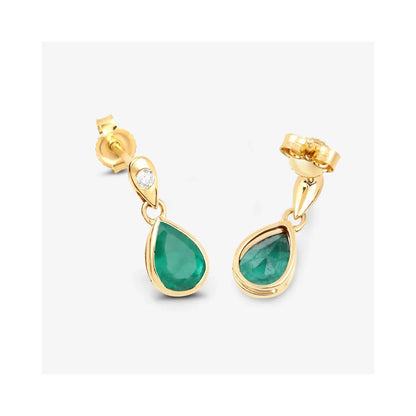 1.30 Ct Pear Green Zambian Emerald & Diamond Bezel 10K Gold Dangle Earrings