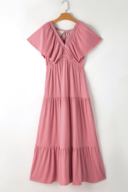 Kelsey Textured Flutter Sleeve Ruffled Maxi Dress - Threaded Pear