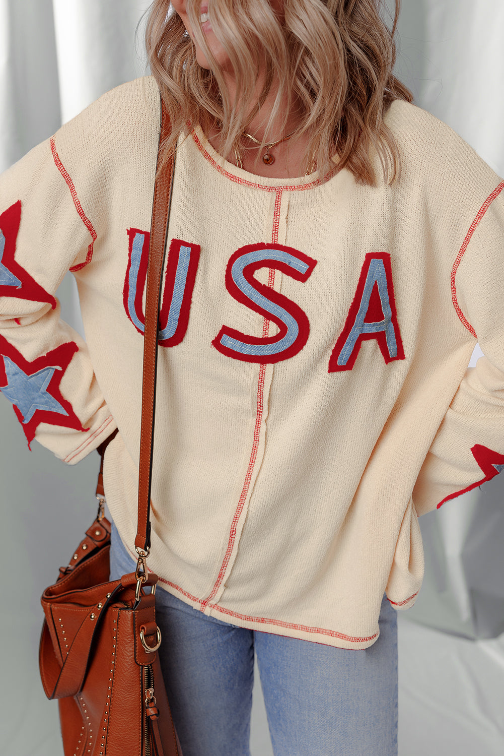 Threaded Pear USA Patchwork Exposed Seam Long Sleeve Top
