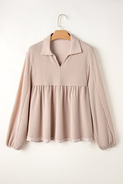 Threaded Pear Blake Corded V Neck Bubble Sleeve Blouse