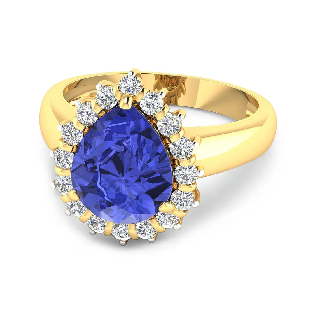 3.45 Ct Pear Violet Tanzanite and White Diamond Prong 14k Gold Halo Bridge Ring