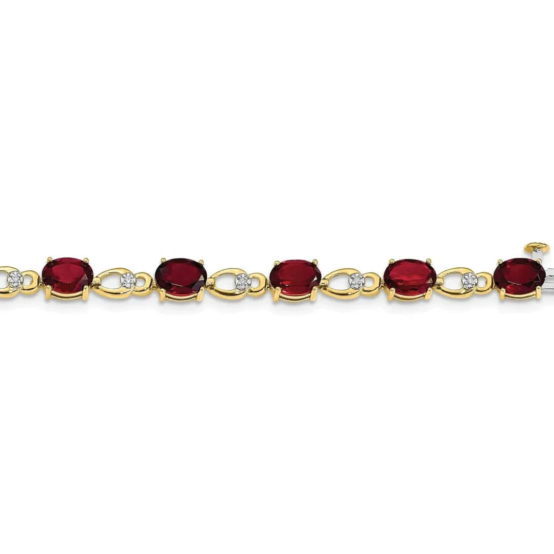 Oval Red Garnet & Diamond Prong 14K Yellow Gold Link Bracelet
