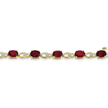Oval Red Garnet & Diamond Prong 14K Yellow Gold Link Bracelet