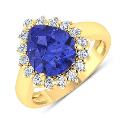 3.45 Ct Pear Violet Tanzanite and White Diamond Prong 14k Gold Halo Bridge Ring